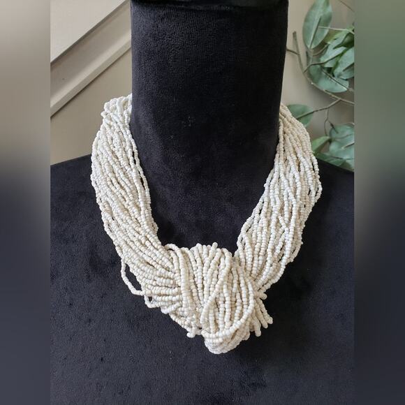 Women's Fashion White Bohemian Glass Seed Beads Multi Strand Statement Necklace - Picture 1 of 7